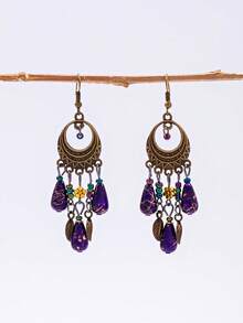 1 Pair Vintage Geometric Purple Teardrop Bead Tassel Earrings - Multicolor - View 3