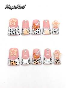 10 Peças de Unhas Puras Prensadas à Mão, Unhas com Formato de Bico de Pato de 25mm de Comprimento, Unhas Rosa-Carne, Parte da Ponta do Dedo Branca Desbotando em Laranja-Amarelo, Ornamentos de Borboleta Tridimensional, Ornamentos de Estrela de Cinco Pontas, Linhas de Strass, Linhas Pretas Pintadas à Mão, Manchas. Película de Unhas Fofa. - Multicolorido - Visão 1