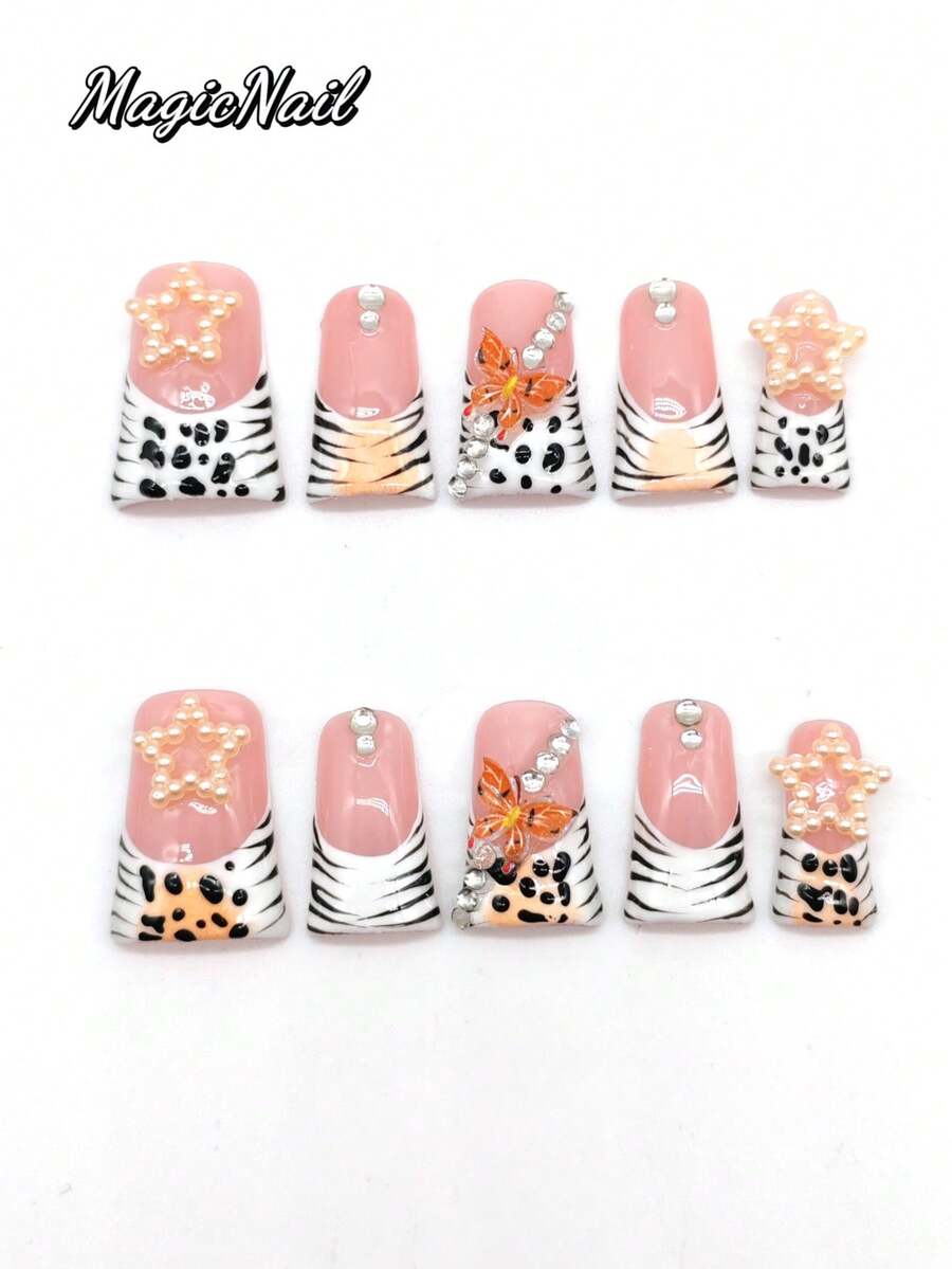 10 Peças de Unhas Puras Prensadas à Mão, Unhas com Formato de Bico de Pato de 25mm de Comprimento, Unhas Rosa-Carne, Parte da Ponta do Dedo Branca Desbotando em Laranja-Amarelo, Ornamentos de Borboleta Tridimensional, Ornamentos de Estrela de Cinco Pontas, Linhas de Strass, Linhas Pretas Pintadas à Mão, Manchas. Película de Unhas Fofa. - Multicolorido - Visão 1