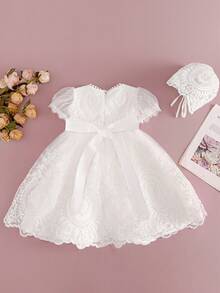 女婴高级刺绣洗礼礼服白色网眼礼服