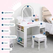Tocador infantil estilo princesa con espejo iluminado y taburete. Mesa de maquillaje de madera para niñas con estantería, cajón y estantes abiertos. Ideal para dormitorio o sala de juegos. - Blanco - Ver 6