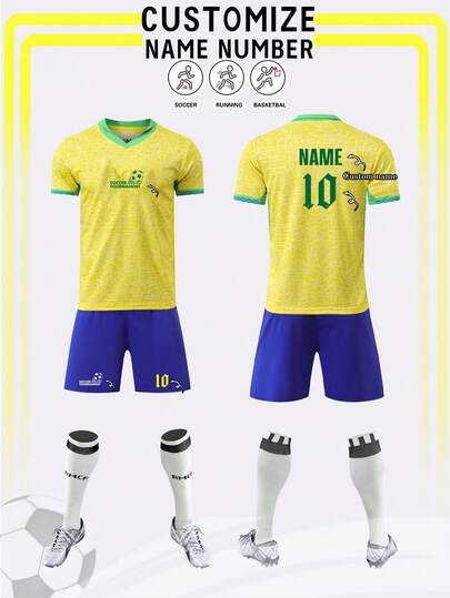 2pcs Football Jersey, Customized Soccer Uniform, 2425 Football Shirt, Personalized Men's Soccer Suit, Sports Set, Men's Running Set, Summer Men's Set, Men's T-Shirt Set, Football Jersey, Personalized Football Jersey, Football Jersey With Number Printing, Suitable For Football, Badminton, Basketball, Cycling