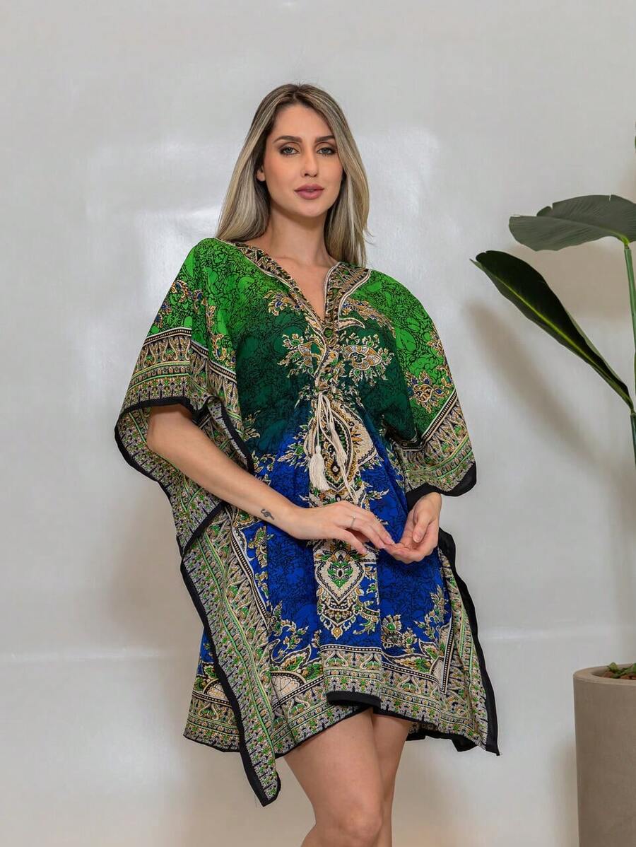 KIARA BRAZIL Women's Kaftan  Print Short Boho | Loose Dress Summer Beach Vacation - AE- 25103 - 綠色 - 查看 1