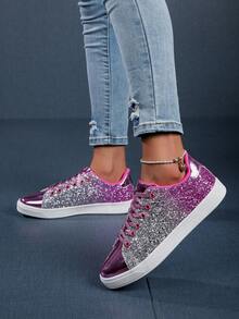 1 đôi giày thể thao nữ đính sequin lấp lánh, giày bệt buộc dây, giày casual đa năng phù hợp cho mọi mùa. - Hồng - Xem 4