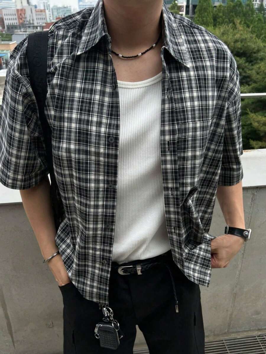 男士修身格子衬衫，黑白单色格子短袖上衣，简约设计，必备街头服饰单品 - 黑與白 - 查看 1