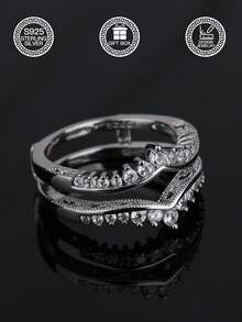 1 chiếc nhẫn bạc 925 hai lớp hình chữ V đính đá Cubic Zirconia, thiết kế vương miện, nhẫn hình trái tim đính đá Cubic Zirconia, thời trang cho đeo hàng ngày và đám cưới, món quà lý tưởng cho bạn gái, kèm hộp quà. - Zircon hình chữ V hai lớp - Xem 4