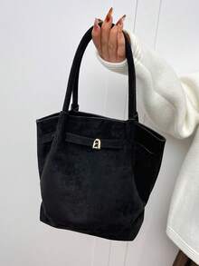 Dedoo Europäisch-amerikanisches Nischenentwurf Wildleder Beuteltasche mit Schnalle, Damen Straßen-Stil Handtasche, geeignet für Einkaufen, Pendeln, Partys und als Geschenk im Herbst/Winter - Schwarz - Übersicht 12