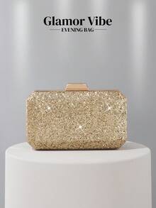 亮片装饰女士晚装手拿包，带金属链带的闪亮方形手提包，斜挎包，婚礼、派对、舞会、俱乐部、生日礼物、情人节礼物、化妆盒、礼服的完美迷人配饰 - 金色 - 查看 2