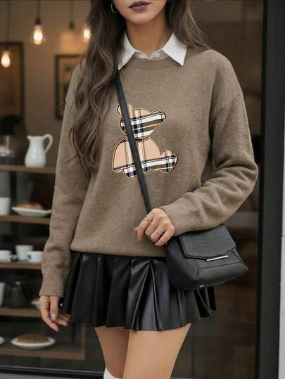 女士格子熊金色边饰经典格子纹理休闲时尚保暖仿羊毛上衣，适合秋冬季节，秋季女装，保暖服装，冬季服装，外套，派对服装，节日服装，精致派对，家庭舒适派对，秋季女装，保暖服装，寒冷天气服装，外出上衣，图案上衣