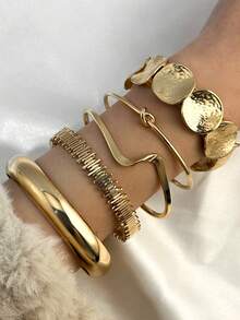 5pcs Set Vintage Exaggerated Luxury Geometric Design Wide Metal Gold Bangle Bracelet Set, Suitable For Daily Wear And Gift - Multicolor - View 2