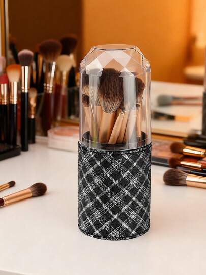 1pc Diamond-Shaped Transparent Cover Makeup Brush Holder, Textured Grid Pattern Matte PU Multifunctional Storage Cylinder, Portable Large Capacity Dustproof Canister With Lid, Desktop Pen Cup