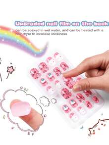 192片方形卡通图案软胶美甲贴纸，简约风格，适合女孩和儿童，超可爱DIY假指甲