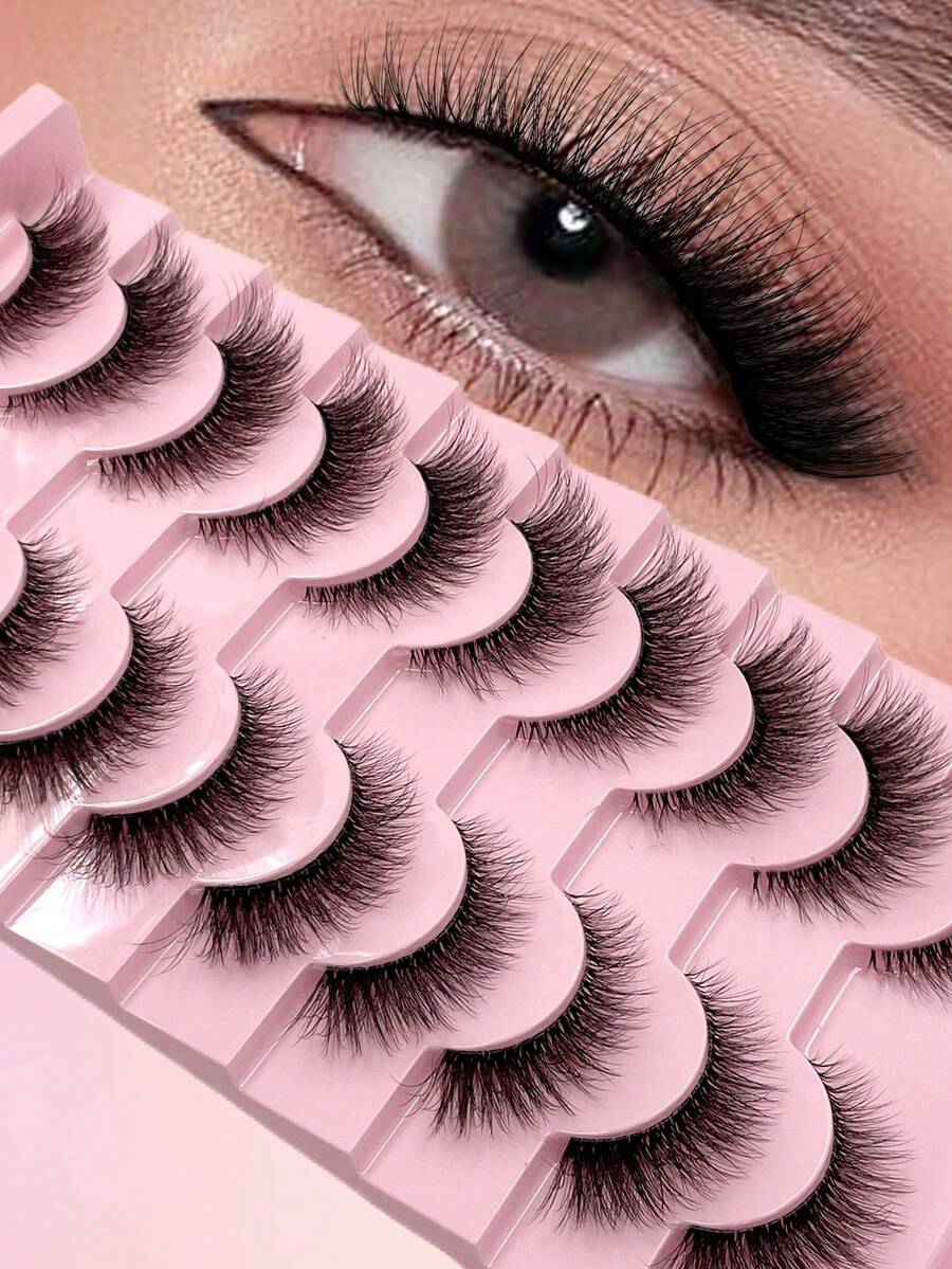 ENCHUW 10 Pairs False Eyelashes Natural Look Cat Eye Lashes With Clear Band Wispy Fake Eyelashes 3D Strip Lashes Thick Eye Lashes Soft Lashes Fluffy Natural Eye Lashes Multipack - Black - View 1