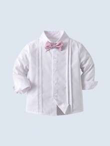 BOARNSEORL 两件套男童绅士套装 - 白色长袖领衬衫配蝴蝶结和粉色背带裤，时尚优雅，适合生日派对、婚礼、宴会等场合。 - 粉色 - 查看 7