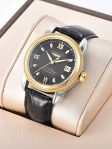 LONGLUX 1pc Men's Waterproof Automatic Mechanical Watch, Luminous Business Leather Strap Watch