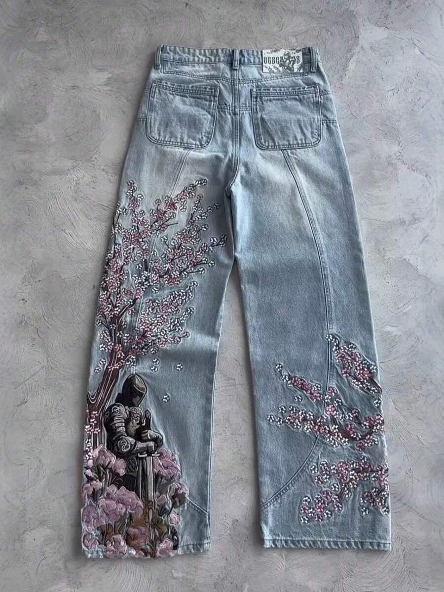 Men's Heavy-Duty Flower-Embroidered Denim Pants, Same Style For Both Men And Women,  High Street Fashion, Straight-Leg, Floor-Length Pants - Màu xanh lam - Xem 1