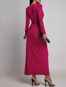 Vestido Elegante de Malha de Cor Sólida com Fenda Alta, Babado e Amarração na Frente, Adequado para Festa, Encontro à Noite, Casamento, Feriado, Ocasião Formal, Primavera - Pink - Visão 3