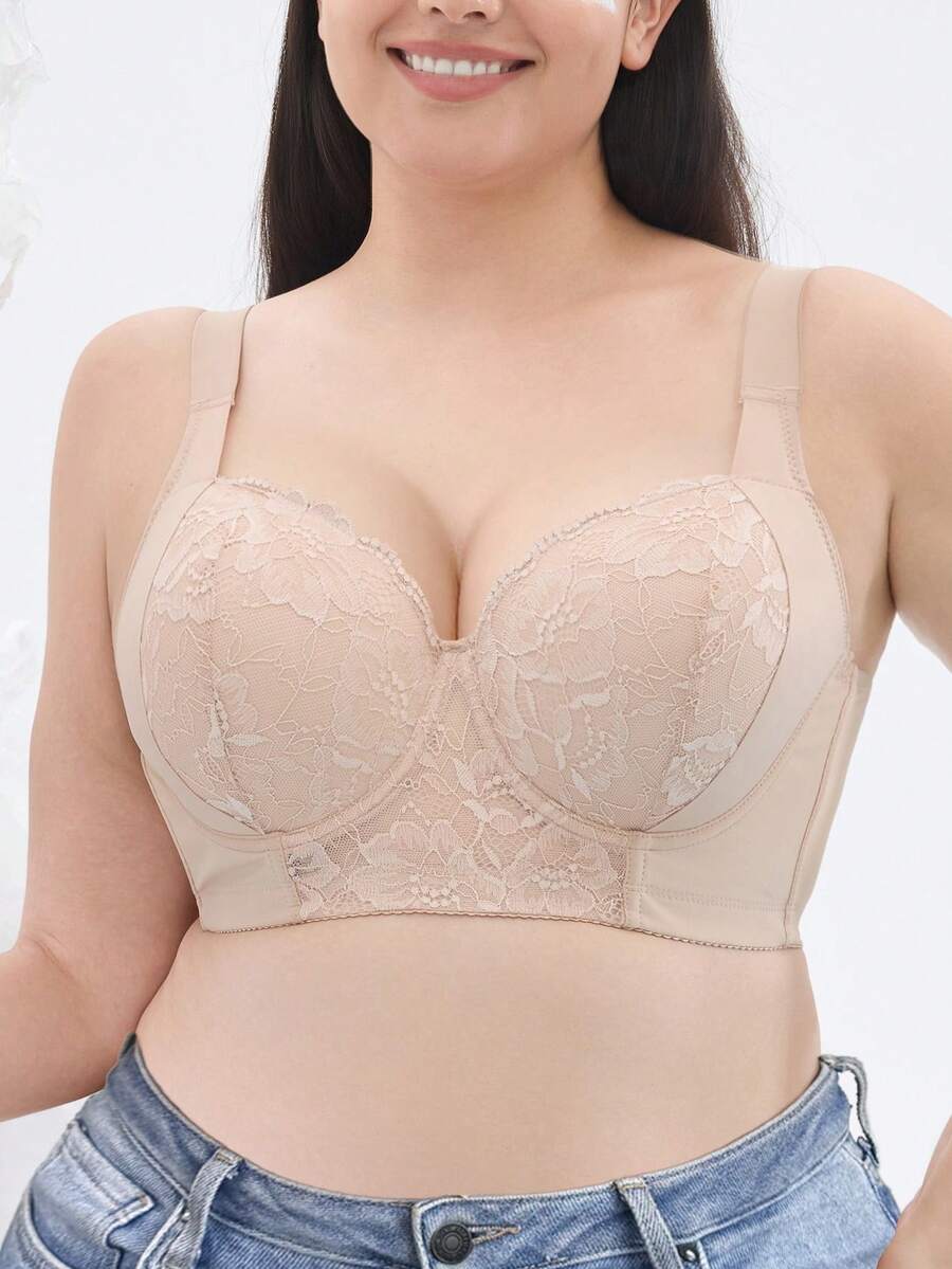Plus Size Beige Lace Underwire Bra With Supportive Underwire, Comfortable Wide Straps, Lifting And Shaping Design, Breathable For Everyday Wear