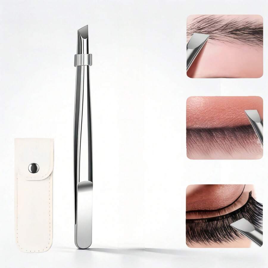 High-Quality Stainless Steel Eyebrow Clippers, Hair Removal Pliers, Specially Designed Removing Hair, Angled Eyebrow Clippers, Hair Removal Clips, Beard Clips, Care Tools - 1個鑷子+1個皮套 - 查看 1