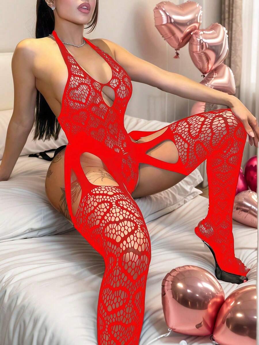 Bộ đồ lót gợi cảm, áo liền quần hở lưng cổ thấp, dây nịt tất, vớ, họa tiết trái tim, thiết kế hở đáy, tiện lợi cho những cuộc vui, kiểu dáng khoét rỗng, cốt truyện quyến rũ, tràn đầy tình yêu, hoàn hảo cho ngày Valentine. - Đỏ - Xem 1