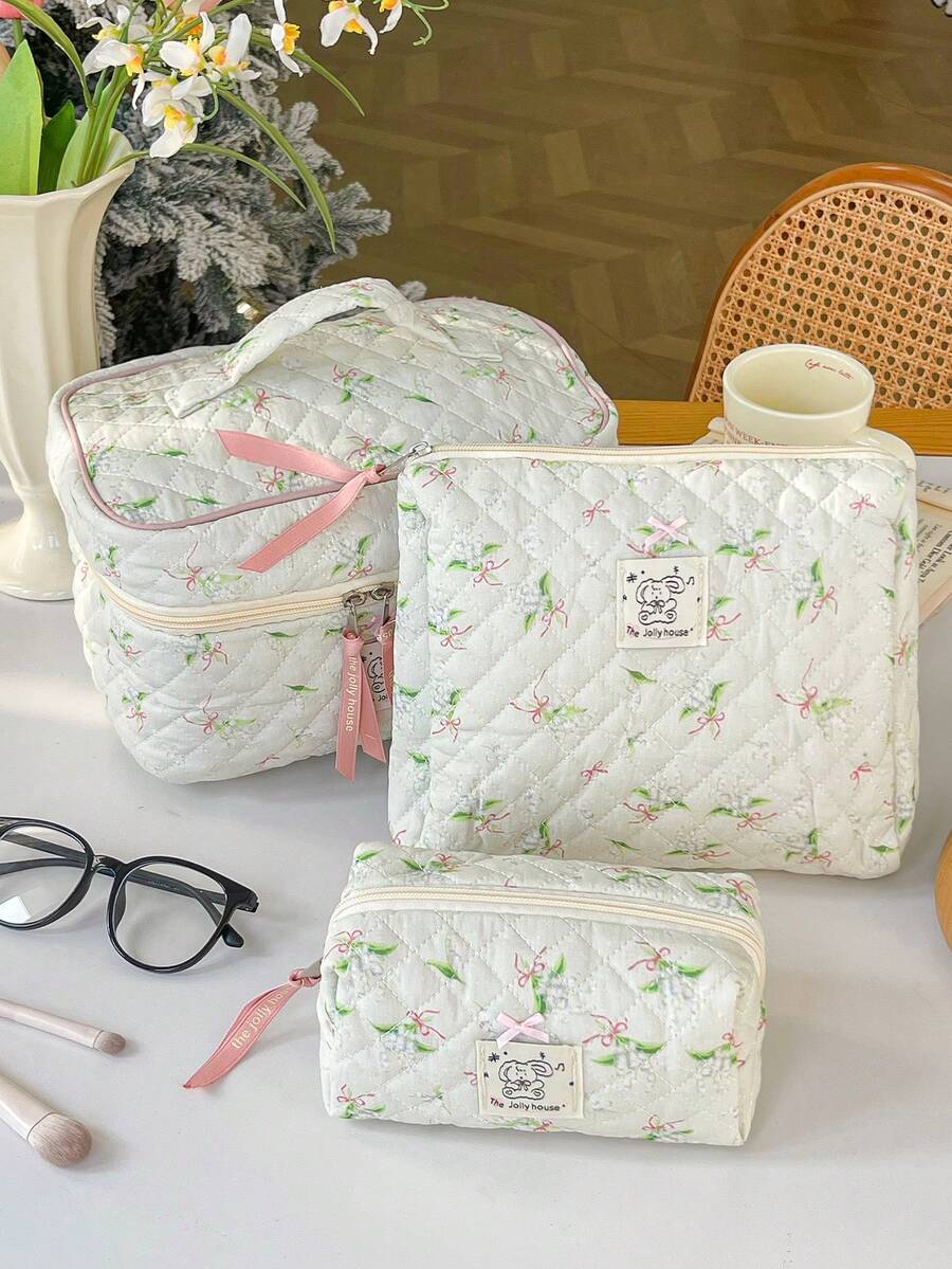 1pc Friend Gift Green Floral Bow Plaid Quilted Girls Makeup Bag, Portable Large Capacity Cosmetic Bag With Zipper, Suitable For Travel And Vacation Essentials, Can Store Sanitary Pads, Keys, Phone, Charger, Lipstick, Cosmetics, Perfume, Makeup Brushes, Etc., Can Be Used As Skincare And Beauty Product Storage Bag, Suitable For Women, Students, Female Students, Also An Ideal Choice For Holiday And New Year Gifts. - Green - View 1
