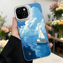 Funda para iPhone con diseño de barco a vela y cielo azul en tonos marinos funda protectora con estampado de paisaje marino ideal para amantes del mar y viajes estilo boho elegante para uso diario,Aplicable a los teléfonos de la serie Apple y Galaxy - Blanco - Ver 7