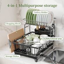PKBD 2 Tier Dish Drainer Rack, Space Saving Draining Board Rack For Kitchen Counter, Rustproof Sink Drainer Racks With Utensil & Cutting Board Holder, Multifunctional Kitchen Dish Drying Rack, Black - Black - View 4