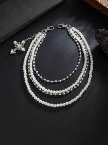 1pc Vintage Punk Style Multi-Layer Faux Pearl Waist Chain, Crystal Cross Decor, Unisex Accessory, Creative Boyfriend Birthday Gift - Multi-layered Pearl Trouser Chain - View 4