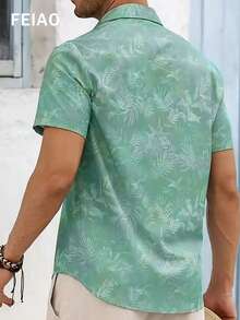 男士复古旧硬币风格数码印花短袖衬衫，时尚百搭，适合日常休闲穿着和旅行 - 綠色 - 查看 2