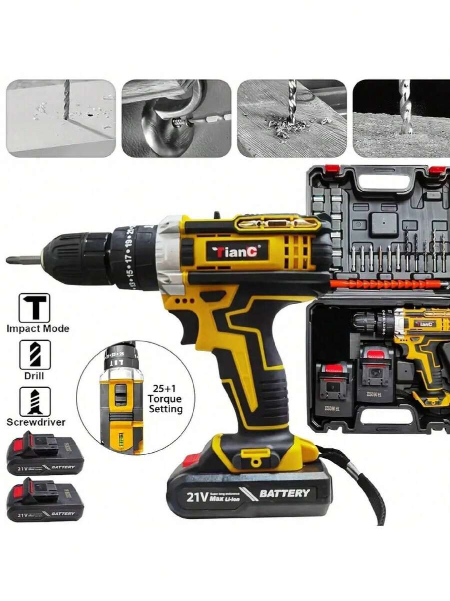 59-Piece 21V Cordless Drill Set - 3/8 Inch Keyless Chuck, 25-Position 3-Clutch Electric Drill With Work Light, 45Nm Max Torque, 2-Variable Speed, 2 Batteries And Fast Charger - Màu vàng - Xem 1