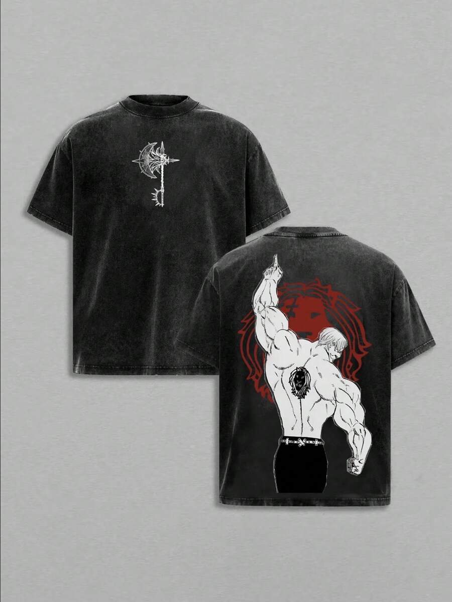 Escanor X The Seven DeadlyHoliday HaulSins Anime Vintage Washed Tee UnisexMineral Anime Manga Hoodies WashedHeavy Cotton T-Shirt, Gift For Anime Fan,Anime Lover - 黑色 - 查看 1