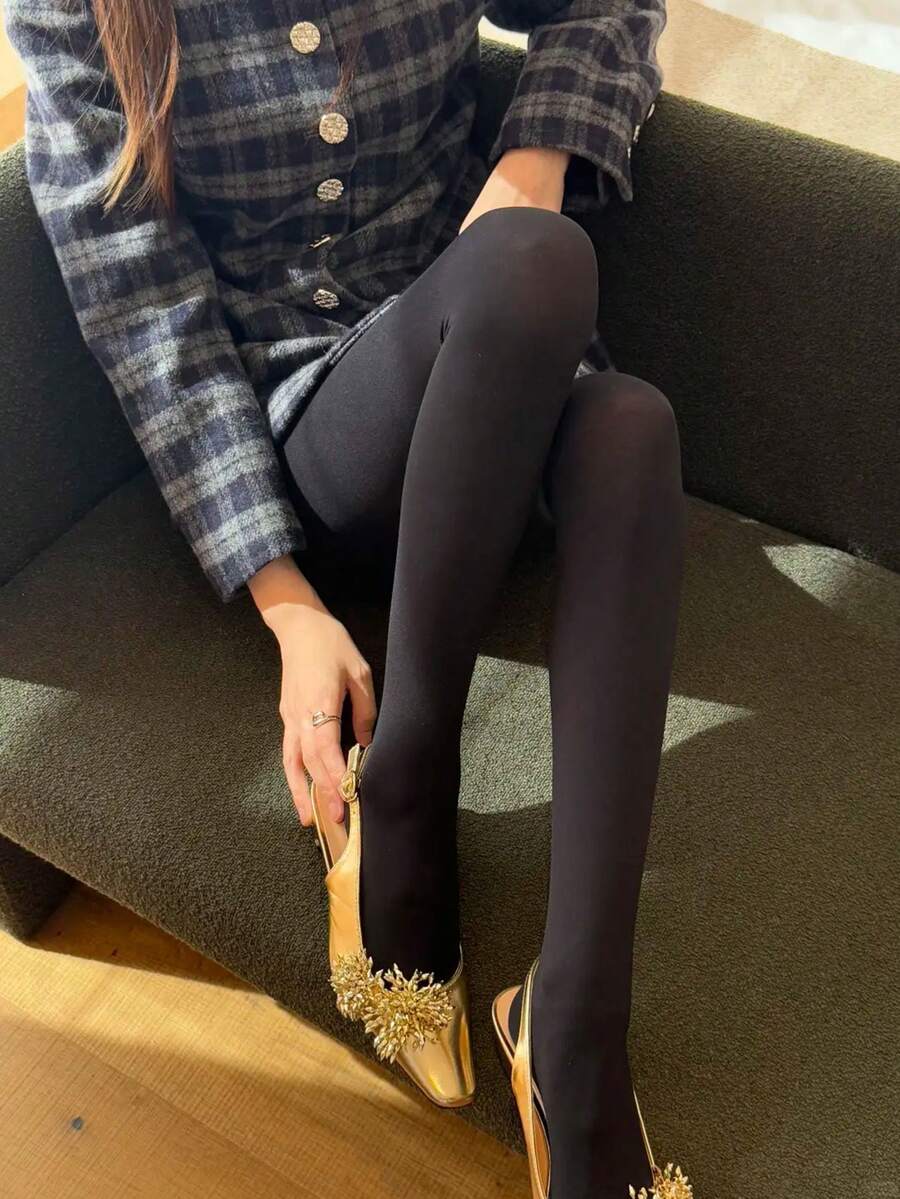 1 Pair Solid Color Sexy Nylon Quilted Shiny Pantyhose, Autumn/Winter - Black - View 1