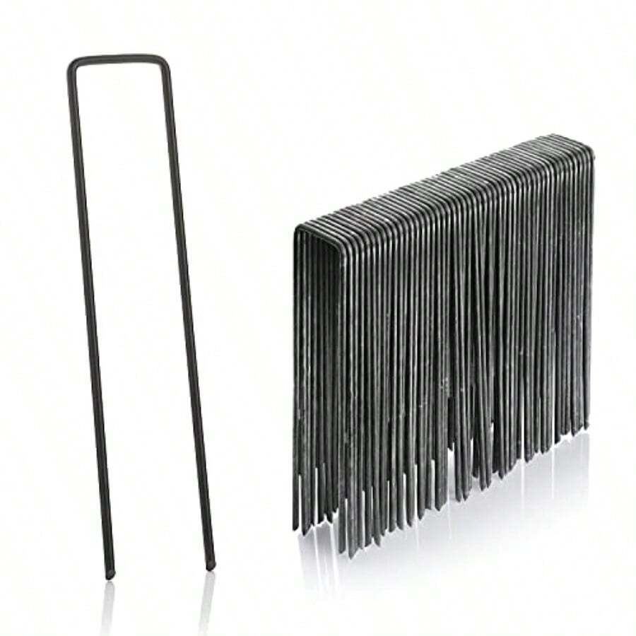 GardenMate Paquete de 50 estacas de  de jardín en Forma de U de Calibre 11 de 6 Pulgadas y 11 Grapas de césped para anclar Tela de Paisaje - Gris - Ver 1