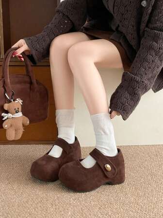 女士复古金属扣装饰纯色圆头坡跟乐福鞋，灰色绒面革坡跟鞋，适合日常穿着，春秋季