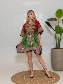 KIARA BRAZIL Women's Kaftan  Print Short Boho | Loose Dress Summer Beach Vacation - AE- 25103 - 紅色 - 查看 1