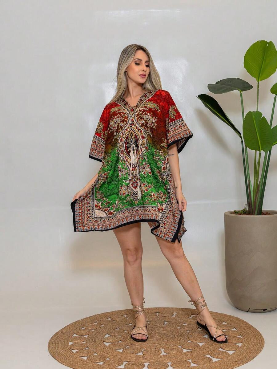 KIARA BRAZIL Women's Kaftan  Print Short Boho | Loose Dress Summer Beach Vacation - AE- 25103 - 紅色 - 查看 1