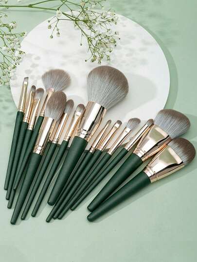 mulynsie 14 Pcs Dark Green Luxe Piece Professional Kabuki Makeup Brush Set-Hypoallergenic Nylon Bristles,ABS Handle,Palm Brushes For All Skin Types,Professional & Beginner Kit,IncludesPremium Face Makeup Brush Loose Brush Oblique Contorting Brush