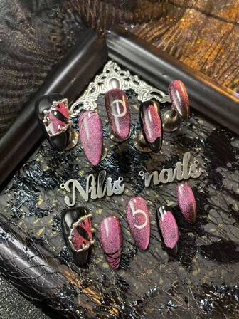 10件套杏仁美甲亚克力套装，紫黑美甲，紫色猫眼，黑色扎染，3D立体钢珠美甲装饰配件，Y2K风格美甲套装，手绘铬粉几何图案，适合女性和女孩，节日、日常、聚会等场合使用（内含：一块果冻胶和一条摩擦条）美甲用品