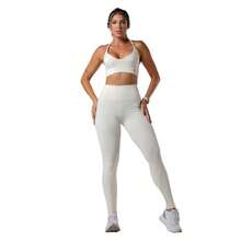 GAROTAFIT Conjunto Fitness Top Duplo Decote V Calça Legging Cintura Alta Dupla Modelador Alta Compressão - Branco Cremoso - Visão 1