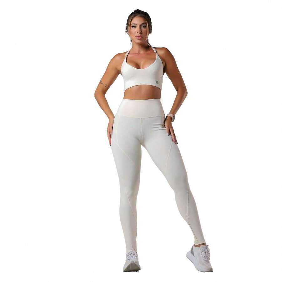 GAROTAFIT Conjunto Fitness Top Duplo Decote V Calça Legging Cintura Alta Dupla Modelador Alta Compressão - Branco Cremoso - Visão 1