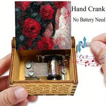 Red Rose Oil Painting Hand Crank Music Box - "You Are My Sunshine" Tune, Battery-Free Wooden Musical Gift For Valentine's Day/Birthday - Multicolor - View 7