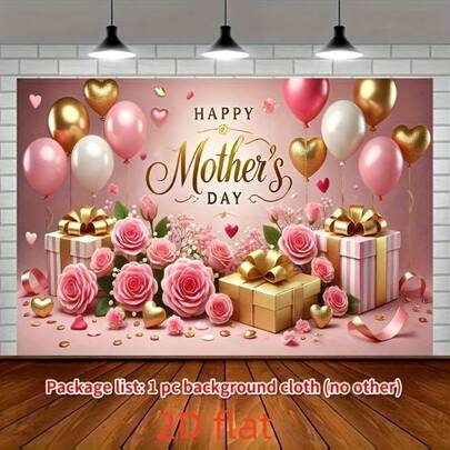 1pc Elegant Mother's Day Party Banner, 8.0x6.0 Ft - Gold & Pink Balloons, Roses, Gift Box Design | Multipurpose Decor For Home, Garden, Studio, Garage | Suitable For Indoor/Outdoor Celebrations, Party Decorations, Mother's Day Gift For Mom