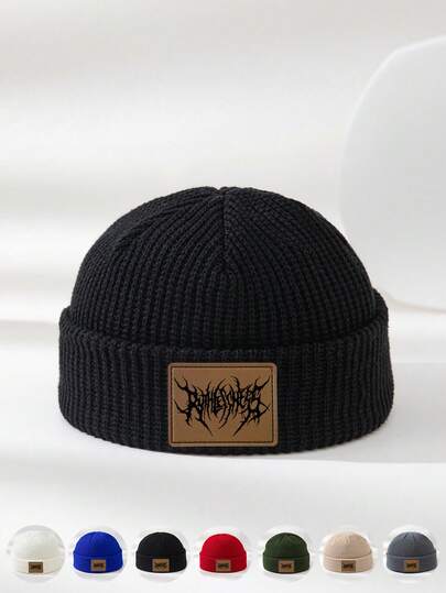 1 Piece Of Unisex Autumn And Winter Leather Label With Thorn Pattern Print, Personalized Outdoor Leisure Fashion Tengli Soft And Comfortable, Versatile Black Solid Color Multi-Color Knitted Hat Pullover Hat, Melon Skin Hat, Woolen Hat Suitable For Daily Use, Versatile And Simple Cold Hat, Gift Giving Vacation Outfits