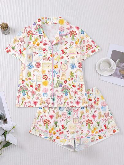 HOREA 女士两件套睡衣套装，优雅蝴蝶结，水果花卉印花，浪漫情人节礼物，舒适衬衫领短袖上衣搭配宽松弹力短裤，适合派对、休闲户外和居家穿着，春夏款。