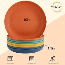 Wrova - Platos de paja de trigo irrompibles de 10 pulgadas juego de 8 platos de plástico para lavaplatos y microondas reutilizables platos ligeros para cocina camping serie colorida p-04 - Seriecoloridanaranjaamarilloazulverde - Ver 3