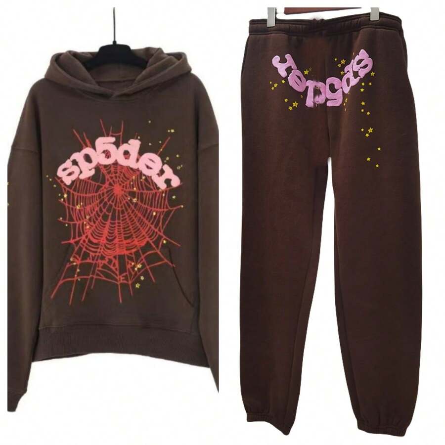 Man Sweatshirts Winter Outfits Men Men's Hip Hop Letter Printed Harajuku Retro Hoodie Long Sleeve Pants Set Joint Set For Men And Women 2PC Hooded Sweatshirt Pullover - 棕色套裝 - 查看 1