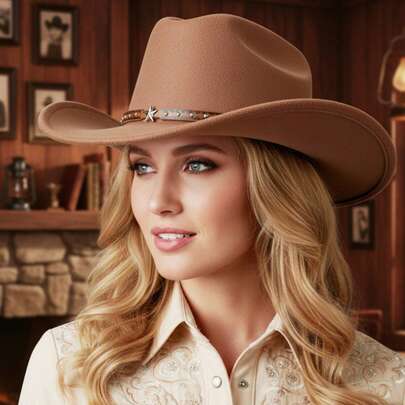 Western Style Cowgirl Cap Stylish Pentagram Leather Belt Decorated Wide Brimmed Fedora Hat For Men Women Outdoor Wear