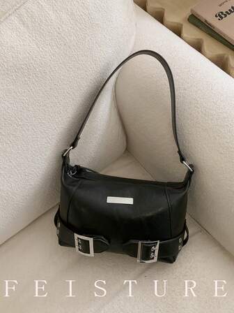 1pc Black PU Material Punk Style One Shoulder Underarm Bag, Zipper Closure, Suitable For Girls, Women, College Students, Young Professionals, Great For Work, Business, Commute, School