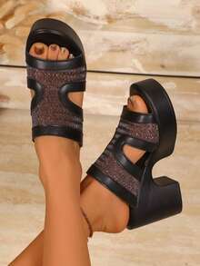 1双女士豹纹皮革套脚凉鞋，休闲粗跟高跟鞋，透气百搭 - 香檳色 - 查看 1