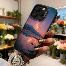 Cubierta de teléfono con diseño de montaña y lago al atardecer color morado y rosa con texto CASENO para uso diario y ocasiones especiales,Aplicable a los teléfonos de la serie Apple y Galaxy - Negro - Ver 6